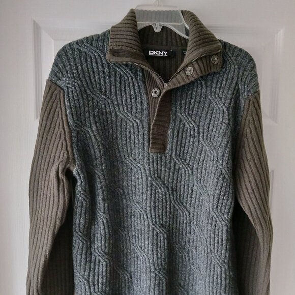 DKNY Mens 1/4 Zip Pullover Sweater Long Sleeve Collar Domes 100% Wool Sz XL Grey - Picture 2 of 8